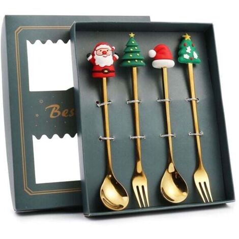 Juego de cucharas y tenedores navideños de acero inoxidable con forma de árbol de Papá Noel, vajilla decorativa para cenas en casa con caja verde, 4 piezas (1/4)