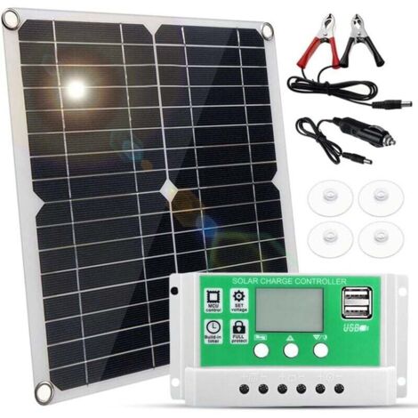 Kit de panel solar de 20 W + controlador de carga solar de 60 A para sistemas aislados de la red eléctrica. Carga baterías de 12 V de autocaravanas, barcos y caravanas.