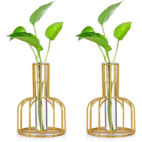 Estación de propagación de vidrio con marco de metal, juego de 2 floreros, florero tipo tubo de ensayo para plantas hidropónicas, pequeño florero para decoración de escritorio de oficina (1/5)