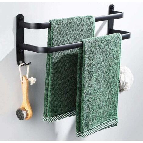 Toallero de baño, negro, adhesivo, para pared, ideal para ducha y cocina. Barras impermeables para puerta con ganchos dobles, 40 cm. (1/5)