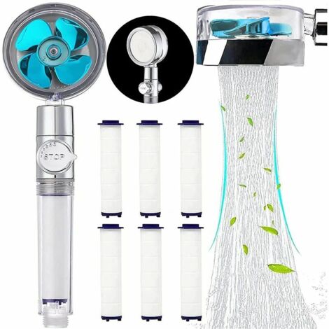 Ducha de mano antical helicoidal 360° alta presión, sistema filtración 3 niveles, 6 almohadillas PP azul (1/5)