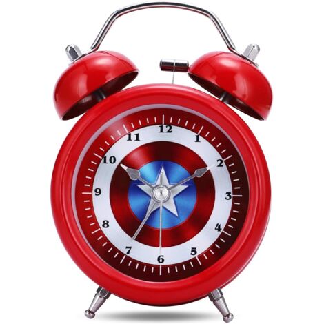Despertador silencioso Captain para niños, rojo, con doble campana, reloj de mesa, sin tictac y luz nocturna