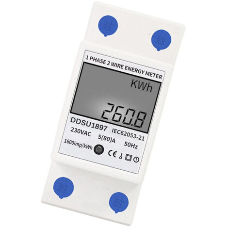 Contador eléctrico digital monofásico para montaje en riel DIN. Contador eléctrico multifunción con cable para segunda fase.Blanco, sin retroiluminación (1/5)