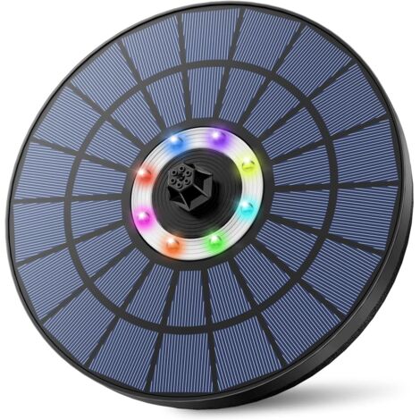 Fuente solar exterior de 5,5 W con luces LED de colores y batería integrada. Incluye 7 boquillas para estanques pequeños, bebederos para pájaros, peceras y decoración de jardines.