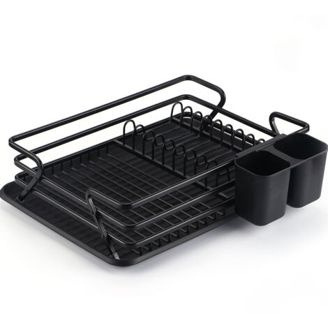 Escurridor de platos de aluminio con bandeja extraíble, 43 x 31,5 x 11 cm, negro (1/5)