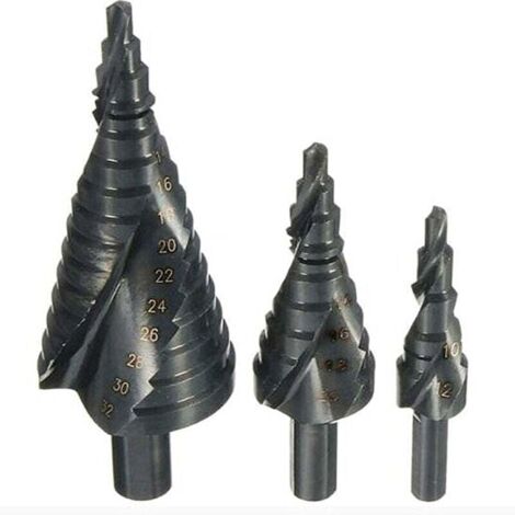 Juego de 3 brocas escalonadas de titanio (4-12 mm/4-20 mm/4-32 mm), vástago triangular, para carpintería y bricolaje. (1/5)