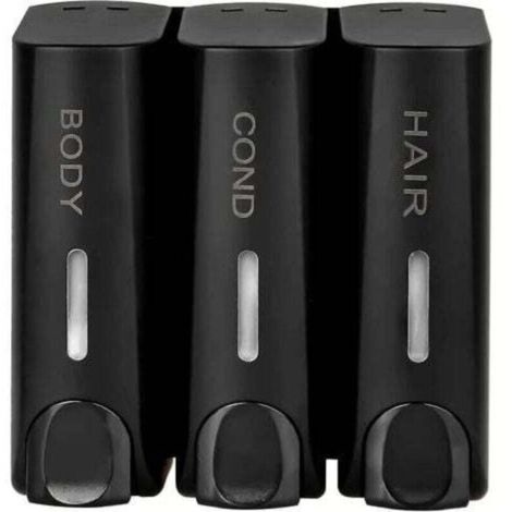 Dispensador de jabón de pared de 3 piezas - Negro mate para gel de ducha, champú y acondicionador - Almacenamiento para baño - Resistente al agua y elegante - Para propietarios de viviendas (1/4)