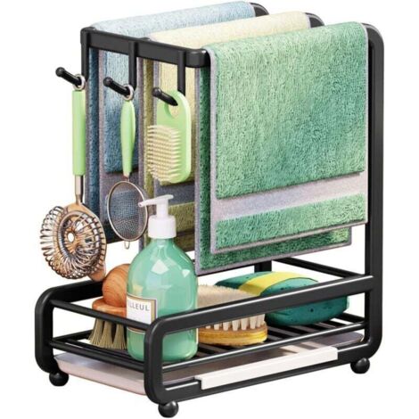 Portaesponjas para fregadero de cocina, XU, con bandeja de drenaje automático, toallero extraíble y escobillero, organizador de cocina y baño - KZQ