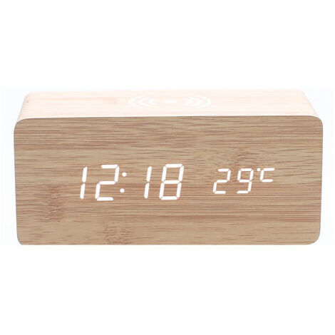 1 x beige Holzwecker mit kabellosem Qi-Ladegerät, kompatibel mit iPhone, Samsung, Holz-LED-Digitaluhr, Klangsteuerungsfunktion, Uhrzeit, Datum, Temperaturanzeige für Schlafzimmer, Büro (1/3)