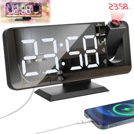 Proyector Despertador Iluminado con Reloj Digital, con Alarma Doble y Pantalla de Espejo LED, 7 Botones, con Modo de Repetición, 4 Niveles de Brillo, 12/24h, para Hogar, Oficina