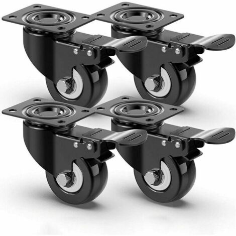 Conjunto de 4 ruedas giratorias silenciosas 50 mm con freno para muebles - Capacidad: 400 kg - Negro