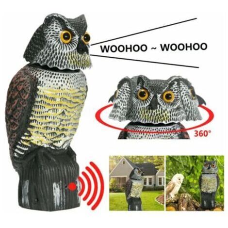 Espantapájaros realista con cabeza giratoria y sonido de búho, repelente de plagas para jardín y patio (1/5)