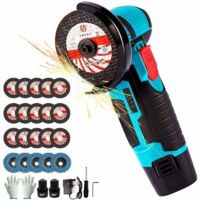 Amoladora angular inalámbrica de 500 W y 12 V + 2 baterías + 5 discos de láminas + 15 discos de lijado