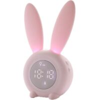 Lntyq Despertador digital ruidoso para niños, con forma de conejito, pantalla de temperatura, función de repetición, control de voz, luz nocturna temporizada y lámpara de noche (rosa), 17,5 x 9,4 x 7