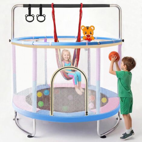 Trampoline Enfant 150cm avec Filet de Sécurité, Extérieur, Ensemble Multi-Activités : Balançoire, Panier de Basket, Barre de Gymnastique, Coussins de Protection, Grand Saut, Cadeau Enfant