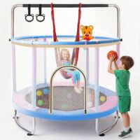 Trampoline Enfant 150cm avec Filet de Sécurité, Extérieur, Ensemble Multi-Activités : Balançoire, Panier de Basket, Barre de Gymnastique, Coussins de Protection, Grand Saut, Cadeau Enfant