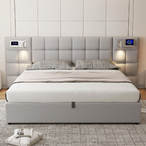 Lit rembourré 180 x 200 cm, avec port USB, chargeur sans fil et lumière, avec espace de rangement, lin, gris