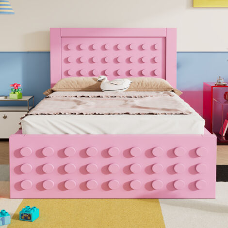 Lit simple pour enfant 90 x 190 cm, design créatif en forme de blocs de construction, bois massif, avec tiroir, rose. (1/5)