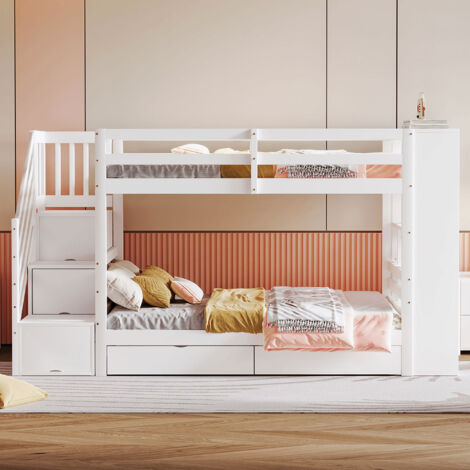 Lit superposé 90 x 200 cm, avec échelle de sécurité, tiroirs de rangement et placard, blanc