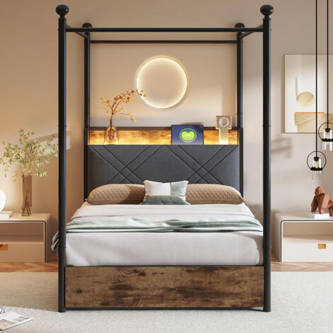 Lit de tiroir , avec espace de rangement, montants amovibles, éclairage LED et ports USB/Type-C, noir-90 × 190 cm (1/5)