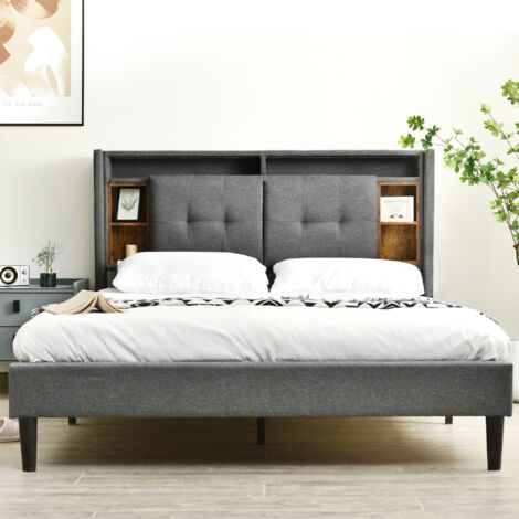 Lit Double Capitonné - 160 X 200 cm - Chargement Usb Et Éclairage Led - Gris - Matelas Inclus (1/5)