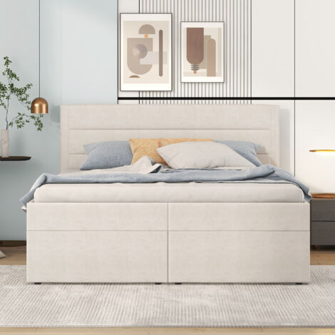 Lit Rembourré Double 200 X 140 cm Avec Sommier À Lattes En Métal - Grand Espace De Rangement - Ouvrant Des Deux Côtés - Beige (1/5)