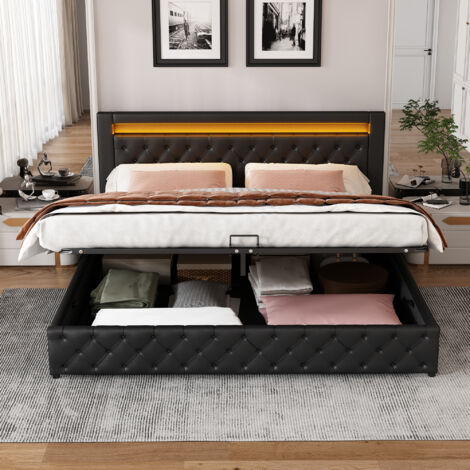 Lit Capitonné LED 180 X 200 cm - Sommier À Lattes et Rangements - Pu - Noir (1/5)
