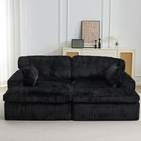Canapé-lit modulable en velours côtelé avec chaise longue, design prêt à l'emploi, spécialement conçu pour les appartements compacts, noir