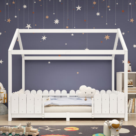 Lit cabane 90x200 cm - Lit d'enfant en bois polyvalent pour garçons & filles - Avec protection contre les chutes et sommier à lattes - Blanc (Sans matelas) (1/5)