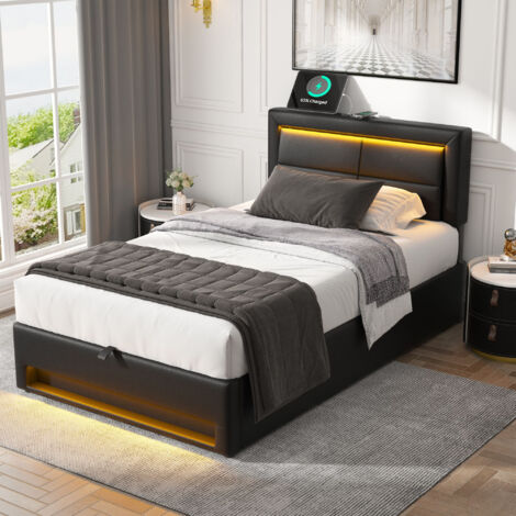 Lit rembourré 90 x 200 cm, avec port USB (charge sans fil et filaire), éclairage LED et espace de rangement, noir (1/5)