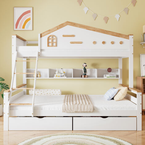 Lit superposé pour enfants 90x200cm & 140x200cm , avec garde-corps, tiroirs, fenêtre, et tiroirs, blanc + couleurs naturelles (1/5)