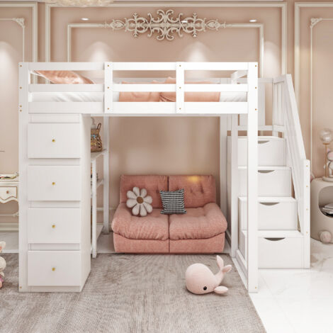 Lit mezzanine 140200 cm, commode avec étagères, échelle de sécurité avec tiroirs de rangement, blanc
