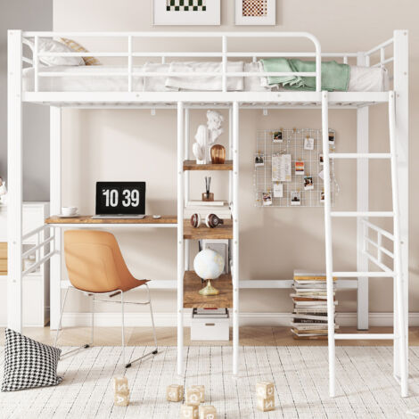 Lit en mezzanine 90200 cm, sans matelas, lit avec bureau, plusieurs étagères, rails, échelle, blanc