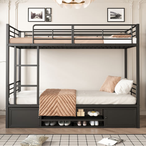 Lit superposé pour enfants 90x200 cm, avec armoire à chaussures ouverte, petite armoire de rangement à double porte, avec échelle latérale, noir