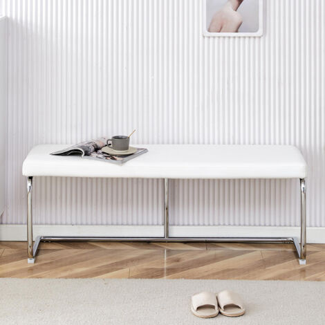 Banc en cuir avec structure chromée - 130 cm, banc moderne pour la salle à manger, l'entrée et le salon, blanc