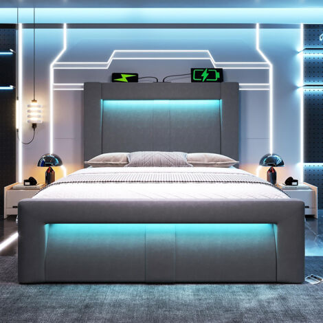 Lit hydraulique avec éclairage LED piloté par application, ports de charge USB et Type-C, velours, gris - 90x200 cm.