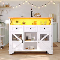 Chariot de cuisine multifonctionnel avec app LED et table pliante, mobile avec trois tiroirs et deux portes de placard, blanc