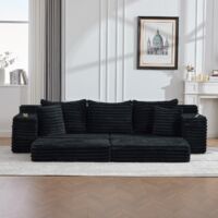 Canapé compact, en velours côtelé, avec coussins supplémentaires, poches de rangement sur les côtés et porte-gobelets, Noir
