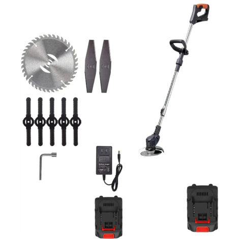 24-V-Akku-Freischneider, Akku-Trimmer mit 2 x 6000-mAh-Akkus, 2 Metallklingen und 5 Kunststoffklingen für Garten, Rasen und Unkrautbekämpfung
