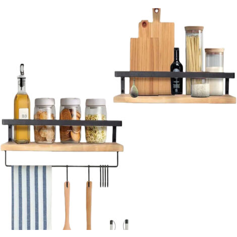 Mensola da parete, 1 set di 2 mensole da parete in legno, con portasciugamani e ganci, adatte per cucine, bagni e soggiorni (1/4)
