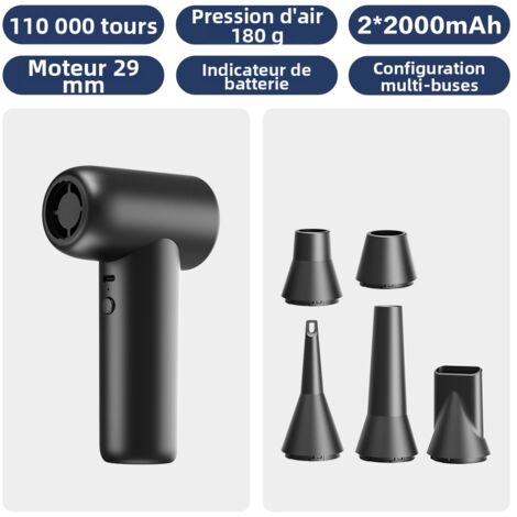 Soffiatore elettrico, 4 velocità 110000 giri/min, soffiatore elettrico per polvere, batteria ricaricabile, 5 ugelli, ricaricabile tramite USB, kit di pulizia per PC, tastiera, auto (1/4)