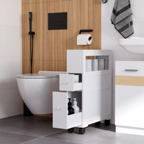 Mobiletto da Bagno 2 Cassetti Salvaspazio con 4 Ruote Legno 16x52x71.5cm Bianco (1/5)