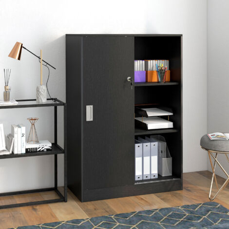 Armadietto da Ufficio ad Anta Doppia con Chiusura e 2 Chiavi di Sicurezza, Mobiletto Armadio da Ufficio a 3 Ripiani, Mobiletto Multiuso in Legno per Studio, Soggiorno e Garage, Nero