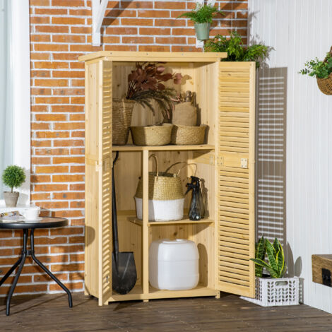 Casetta Attrezzi Giardino in Legno di Abete e Pino con 4 Scompartimenti, Armadio da Esterno Porta Attrezzi da Giardino con Tetto Impermeabile, 87x46.5x160cm, Color Legno