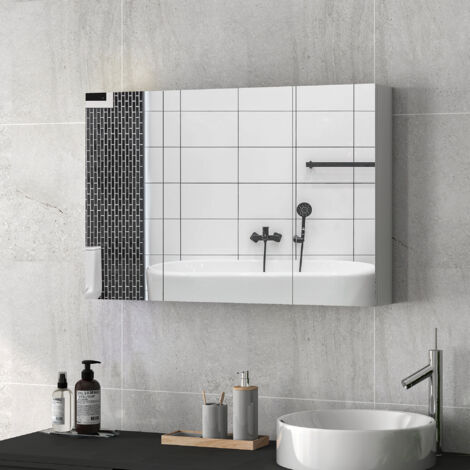Specchio Bagno Contenitore con 3 Ante a Specchio Soft Close, Specchiera Bagno con Ripiani Regolabili in Legno e Vetro, 90x13.5x60 cm, Bianco