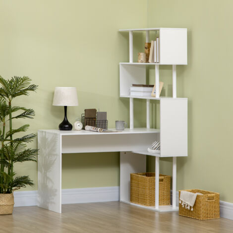 Scrivania Angolare Moderna in Truciolato con Ripiano a 4 Livelli per Ufficio e Studio, 120x80x176 cm, Bianco