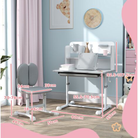 Set Scrivania e Sedia per Bambini 3-12 Anni Regolabili in Altezza, Banco Scuola con Piano Inclinabile 45°, Cassetto, Scaffale, Portapenne e Leggio, in Acciaio e MDF, Grigio (1/5)