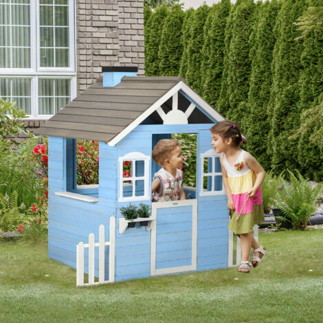 Casa per Bimbi 3-7 Anni con Staccionata, Portavasi, Porta e Finestre, Casetta per Bambini in Legno di Abete, 151x112.5x142 cm, Blu