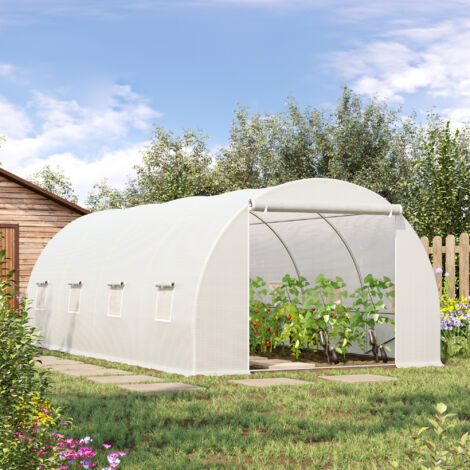 Serra per Orto con 8 Finestre e Porta Avvolgibile, Serra da Giardino a Tunnel, Serra per Piante con Struttura in Metallo e Telo in Polietilene, 6x3x2m, Bianco