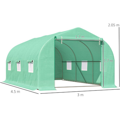 Serra per Orto con 6 Finestre e Porta Avvolgibile, Serra da Giardino a Tunnel con Tetto Spiovente in PE e Tubi d'Acciaio, 4.5x3x2m, Verde Scuro